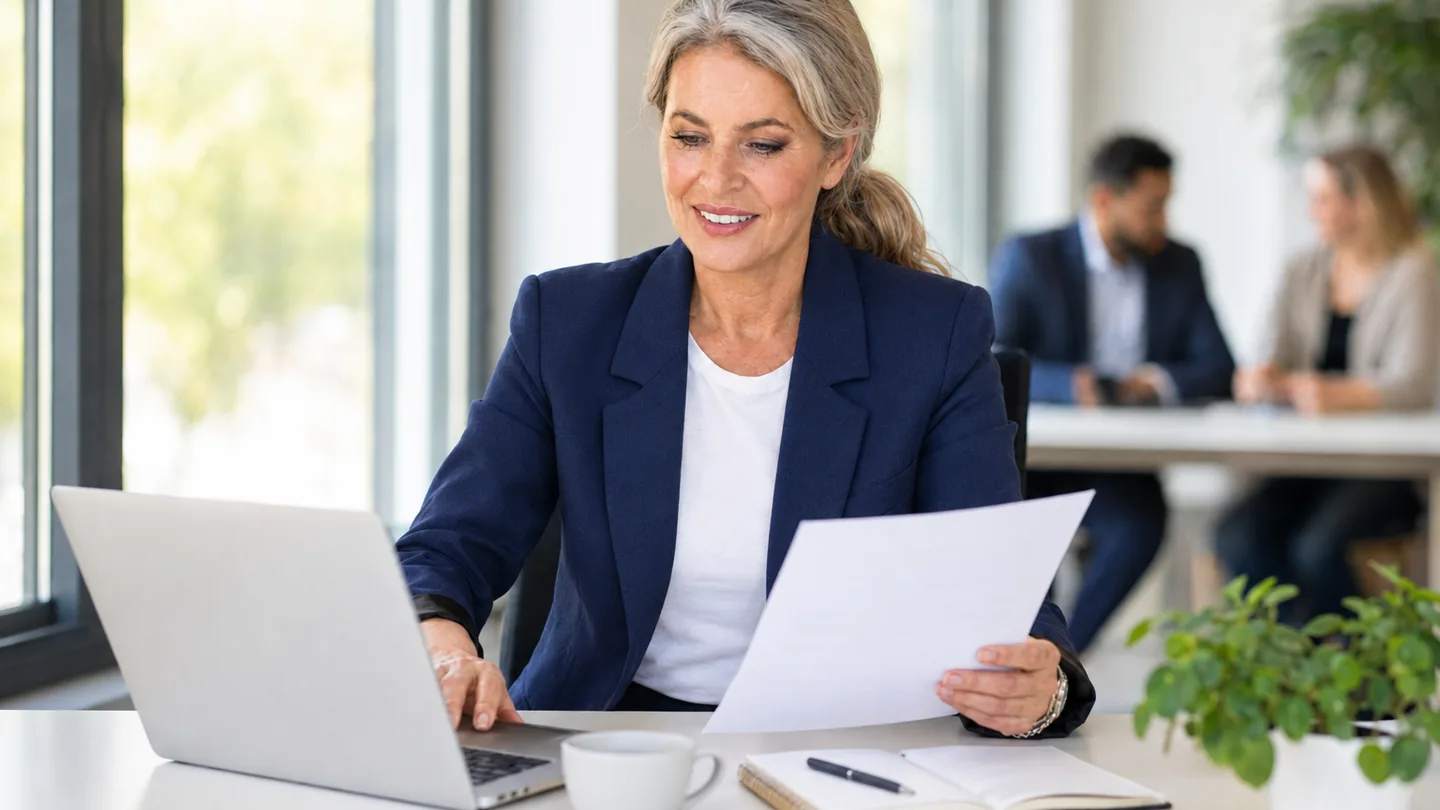 Een professional beoordeelt een document en digitale informatie op haar laptop