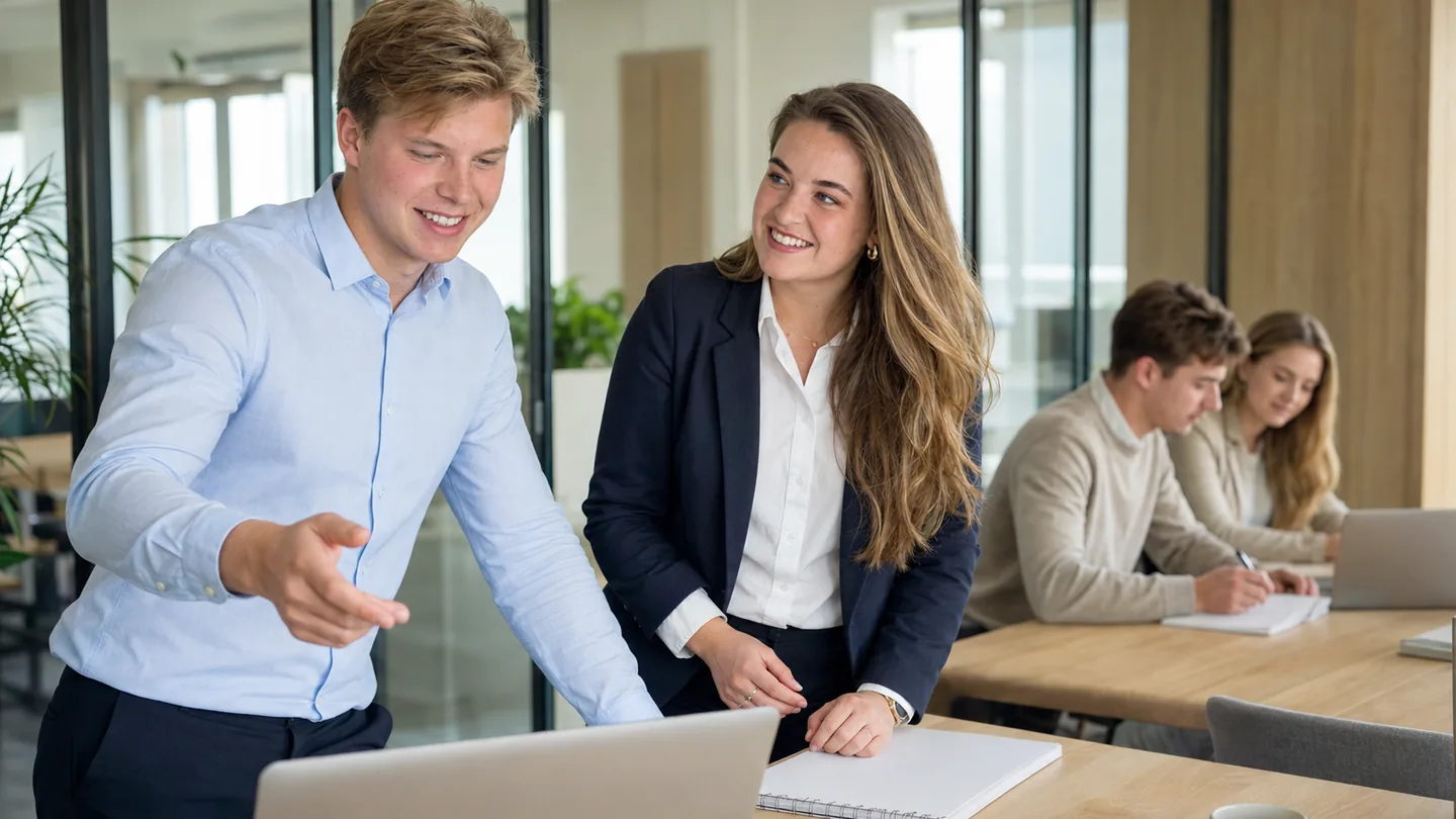 Twee collega’s bekijken samen digitale content op een laptop
