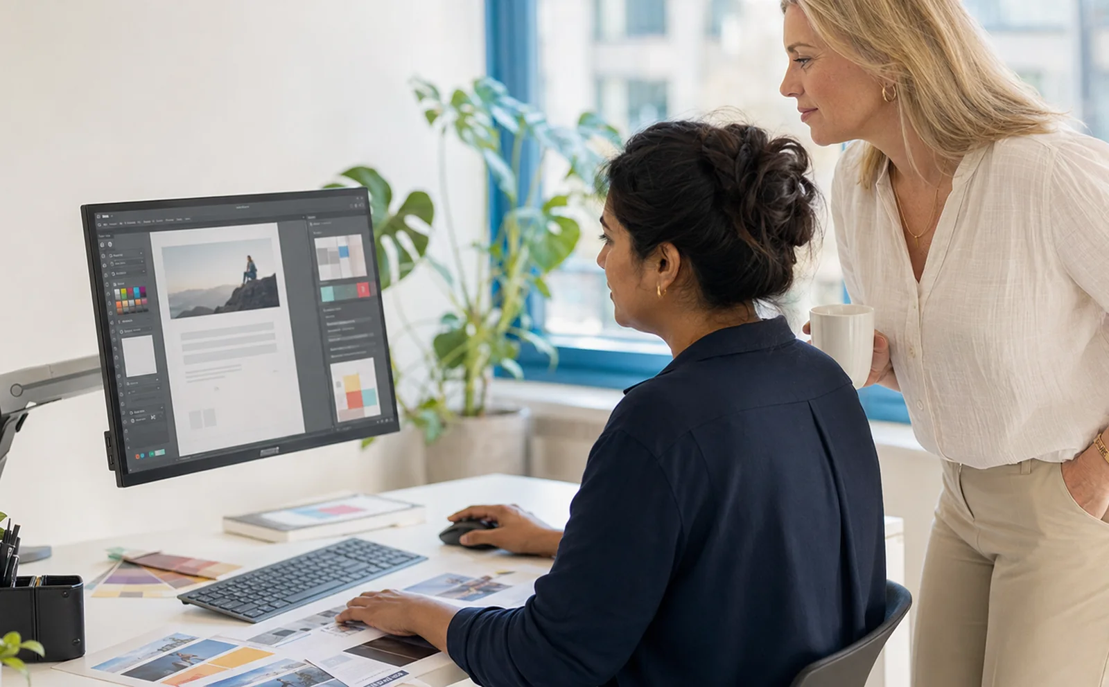 Twee professionals bekijken digitale content op een scherm.