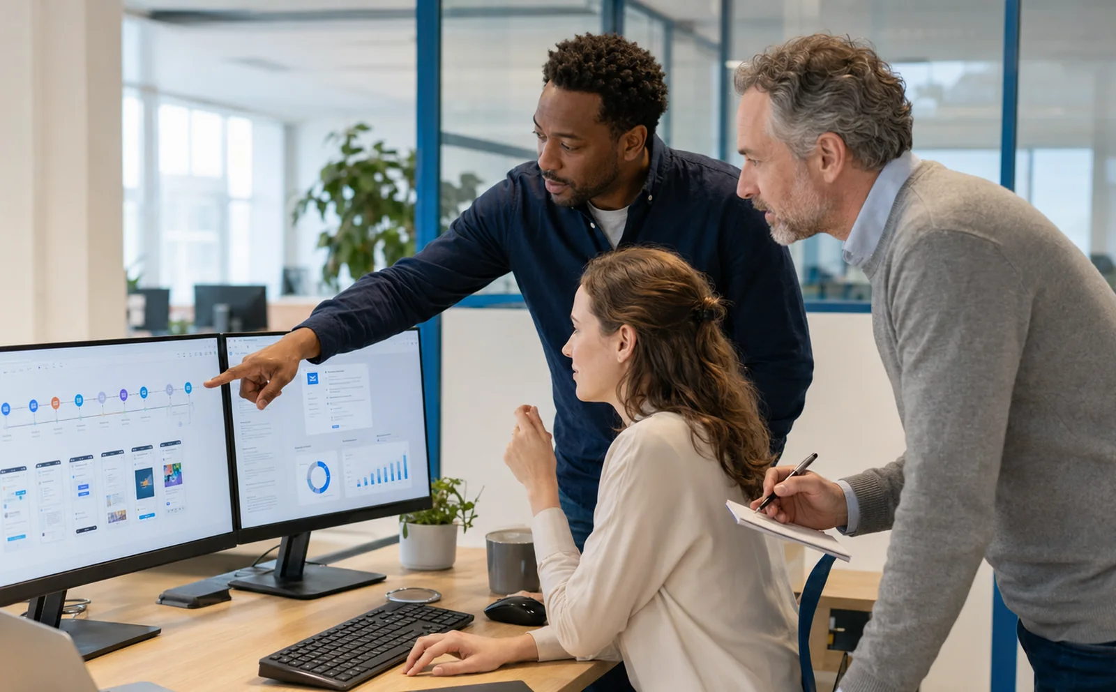 Specialisten bespreken data en inzichten op een scherm.