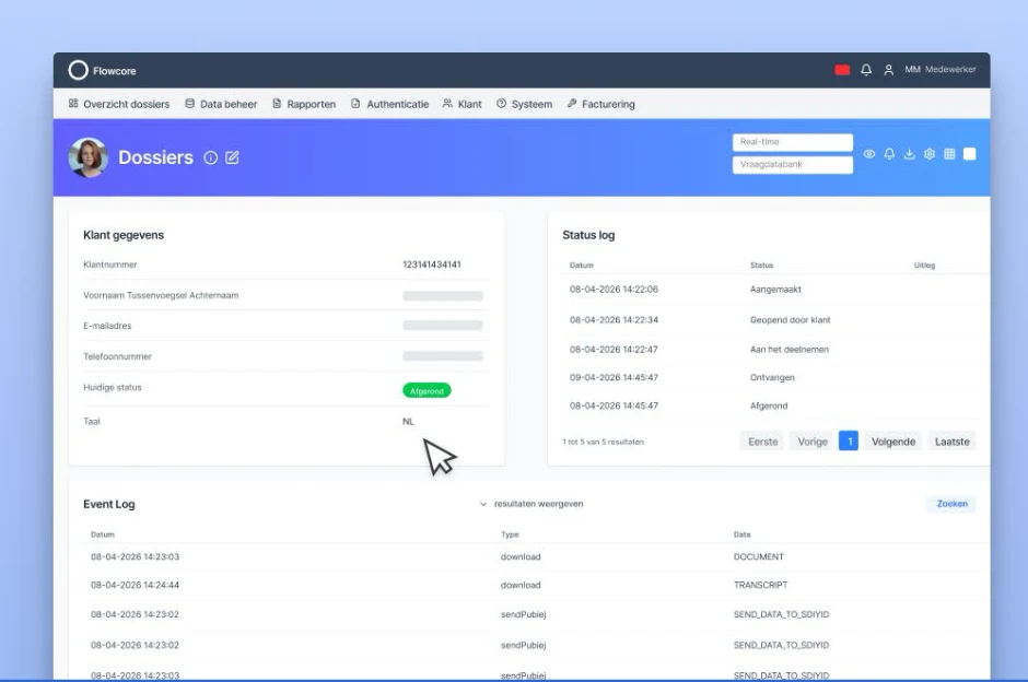 Flowcore: case overview with customer data, status log and event log