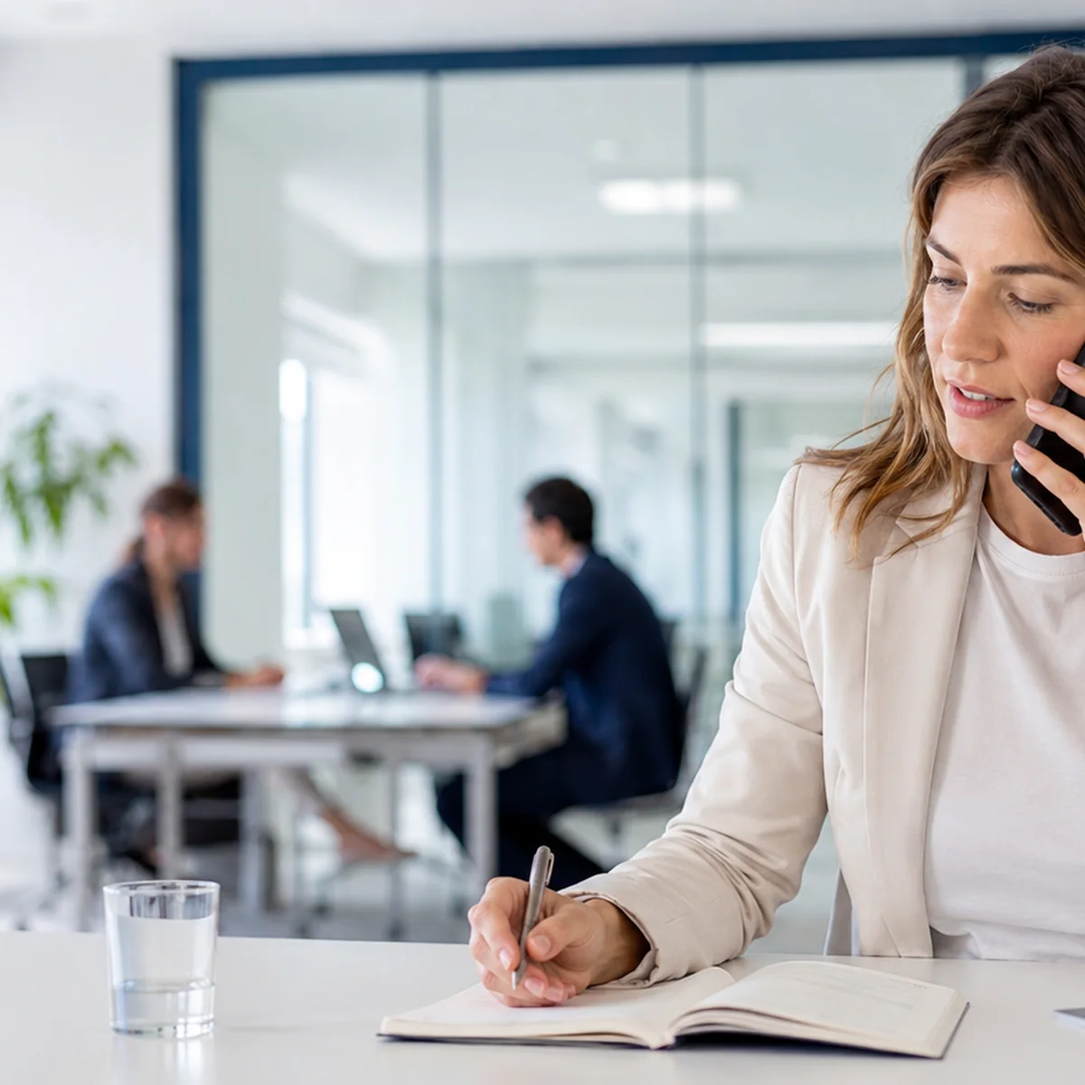 Een medewerker helpt een klant via telefoon en laptop met ondersteuning van conversational AI